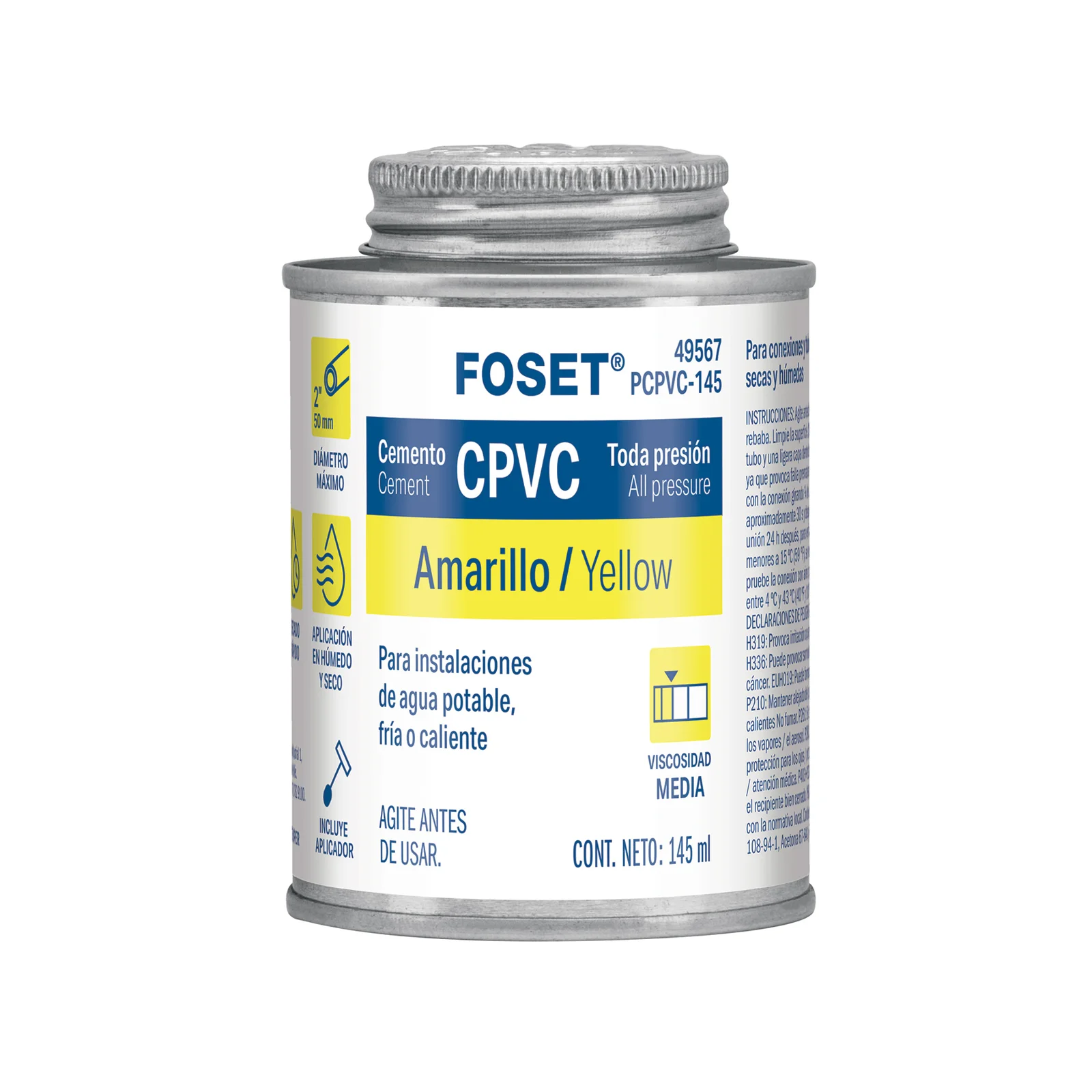 Cemento p/CPVC, amarillo, toda presión, lata 145ml