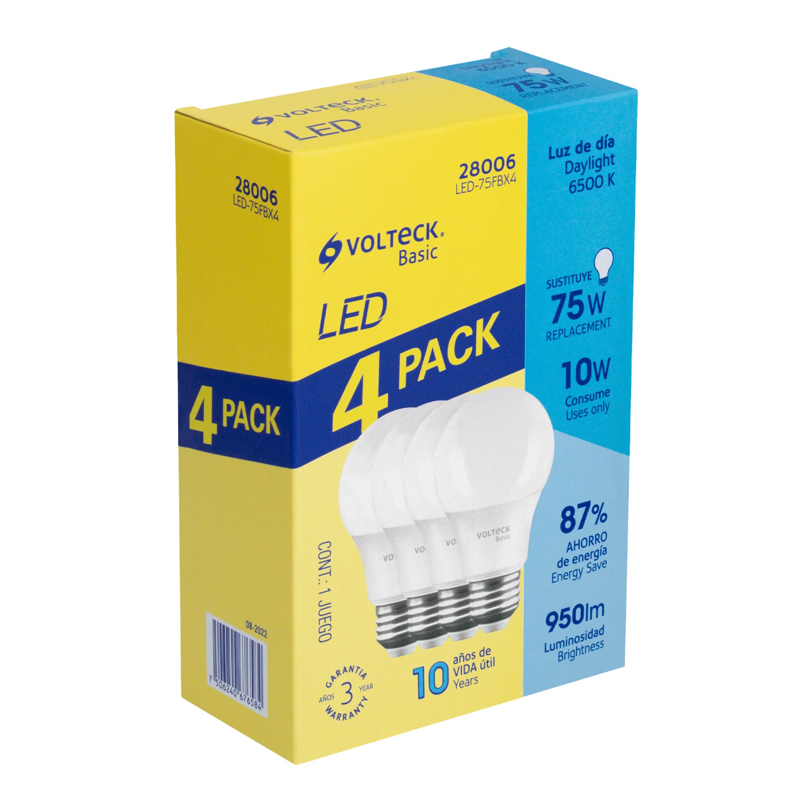 Pack 4 focos LED 10W (75W) A19, 6500K fría, 950 lm